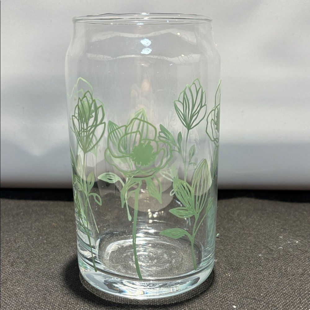 One Floral Glass Tumbler with Green Design